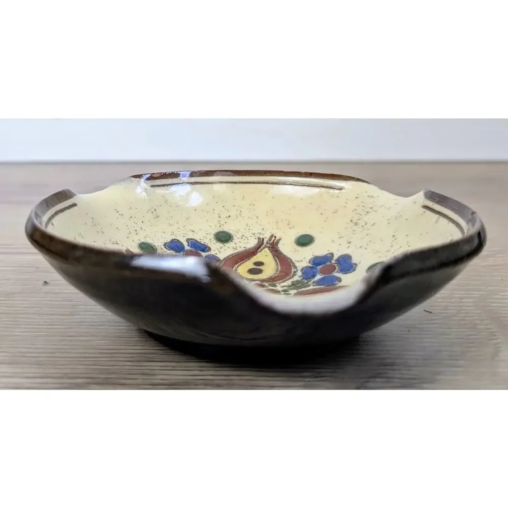 Original Wolfgang Geisler Yellowware Pottery Folk Art Tulip Circular Spoon Rest